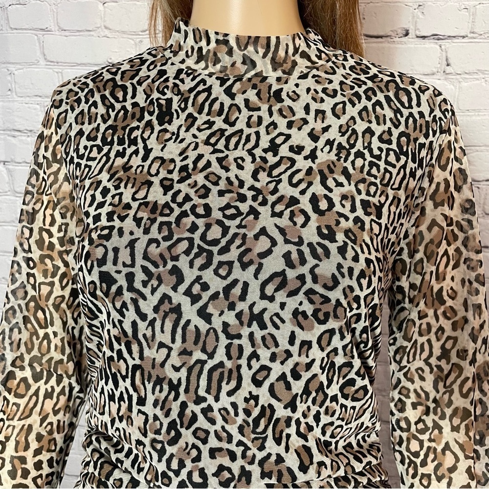 NWT New $69 Adrianna Papell Animal Print Turtleneck Mesh Long Sleeve Top Size L - Picture 2 of 11